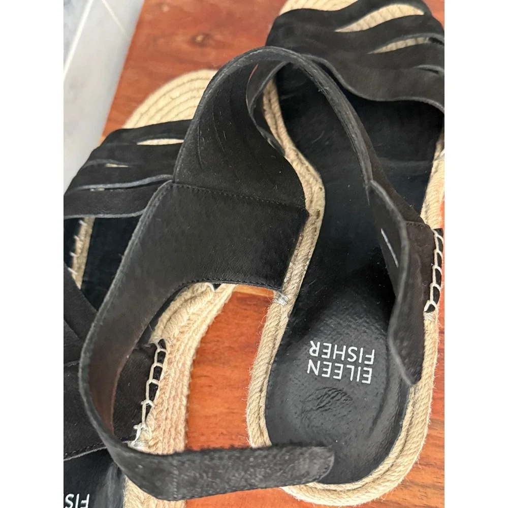 Eileen Fisher Largo Espadrille Black Wedge Sandals Multi Strap Platform Size 9.5